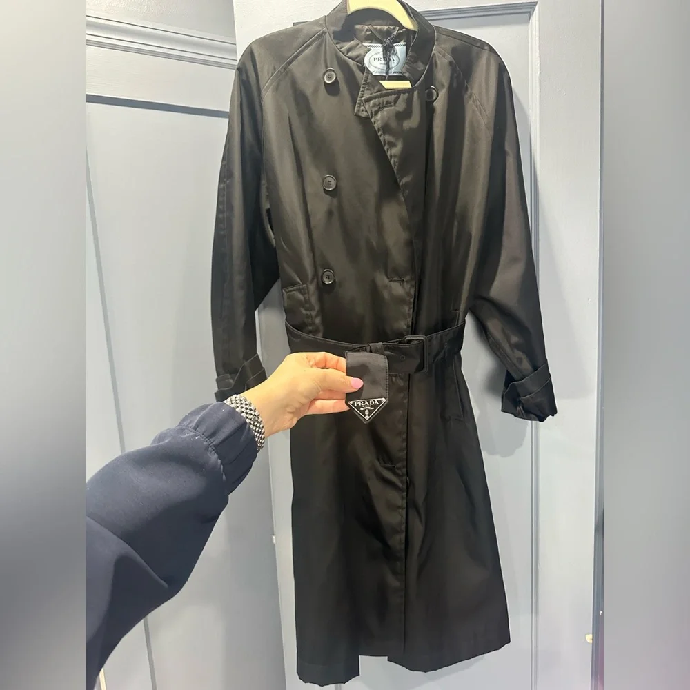 Prada Black Re Nylon long Trench Coat with triangle logo belt size 40 $4000 - Picture 7 of 13
